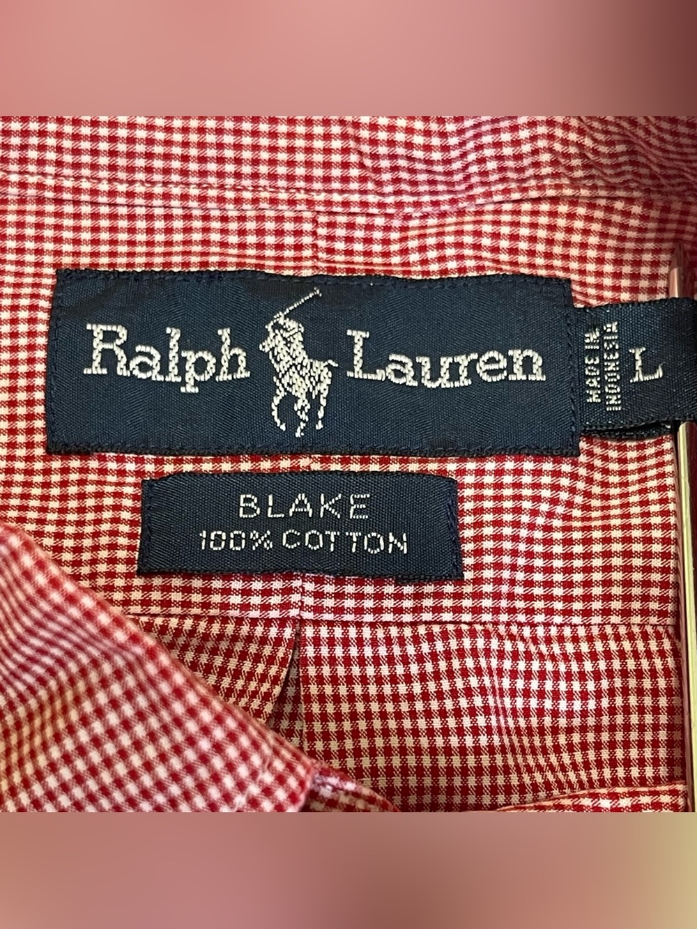 Vintage Ralph Lauren Blake Men’s L Red Gingham Navy Pony Short Sleeve Shirt - Picture 3 of 9